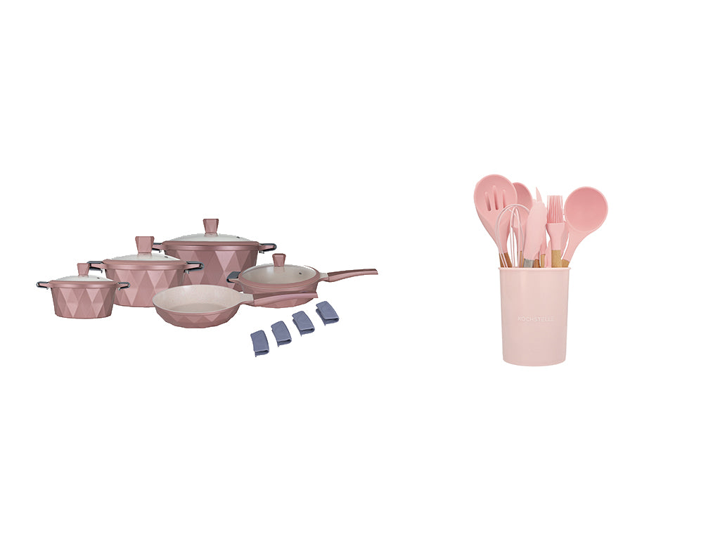 COMBO ★  Batería de cocina Serenity Rosa con mármol antiadherente 13 piezas + Utensilios de cocina de silicon con soporte, color Rosa 12 piezas.