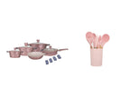 COMBO PINK ★  Batería de cocina Serenity Rosa Mármol 13 pzas. + Utensilios de cocina Rosas de silicón con soporte 12 pzas.