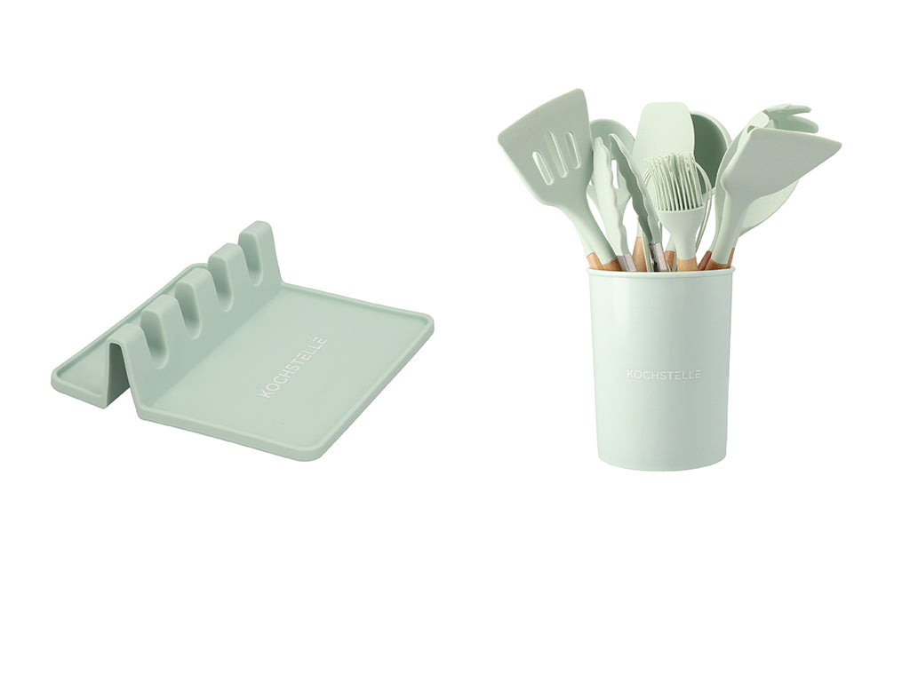COMBO ★ Utensilios de cocina de silicon con soporte, color Menta 12 piezas. + Pad Soporte de utensilios de cocina color menta