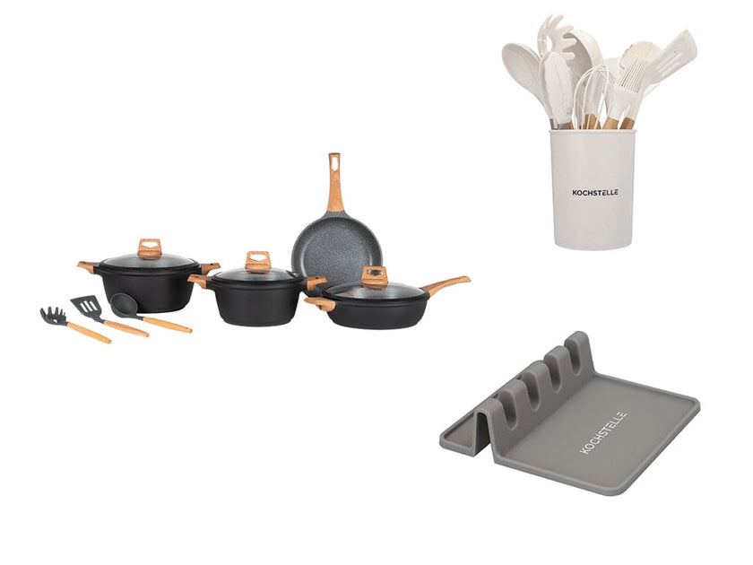 COMBO GREY★ Batería de cocina Wood con mármol antiadherente + juego de 3 palas 10 pzas.  + Utensilios de cocina de silicón con soporte, color Blanco 12 pzas. +  Pad Soporte de utensilios de cocina color Gris