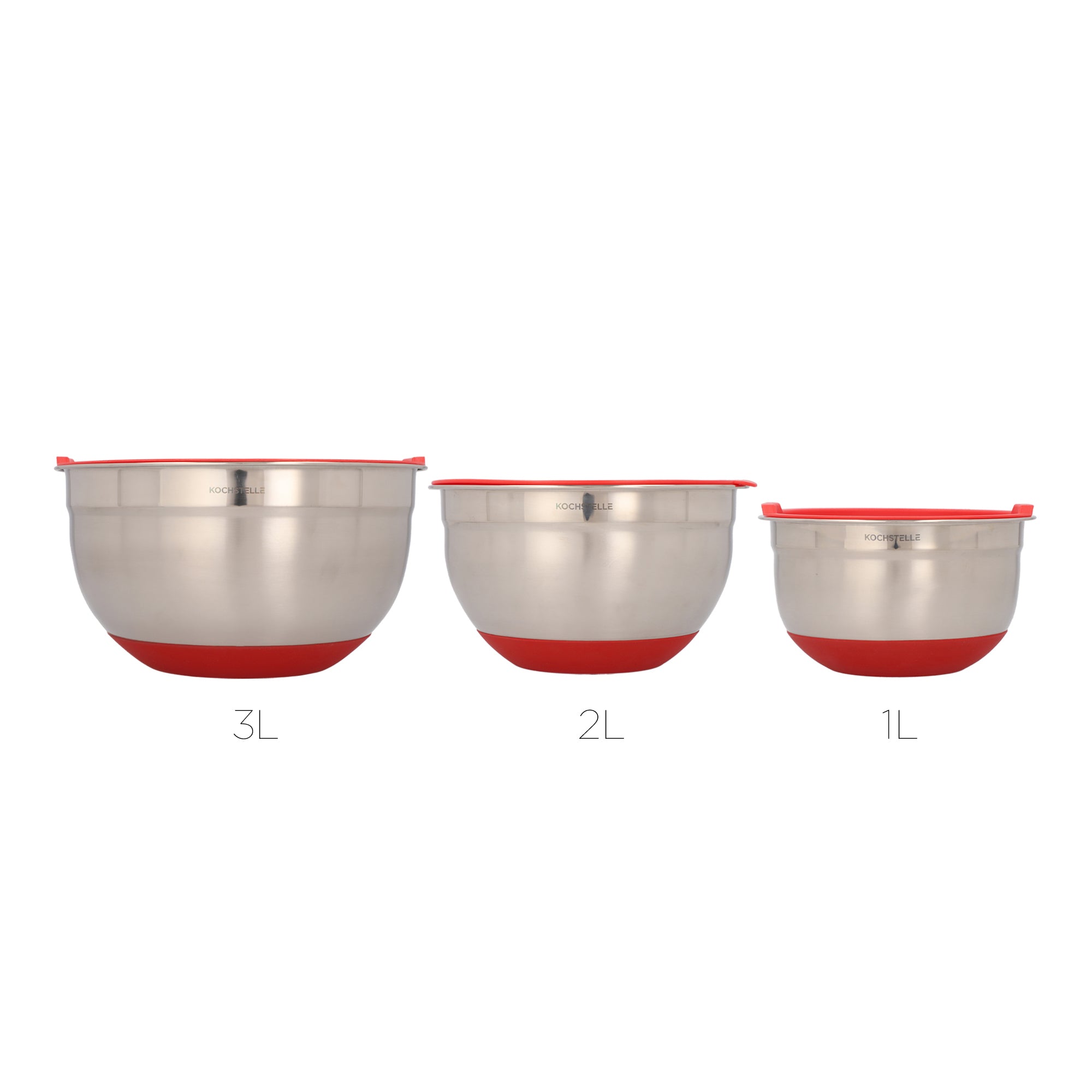 Bowls mezcladores de acero inoxidable con silicon color rojo + 3 ralladores 9 piezas.