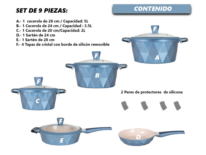 COMBO BLUE★ Batería de cocina Serenity Azul de Mármol 13 pzas. + Utensilios blancos de cocina de silicón con soporte 12 pzas.