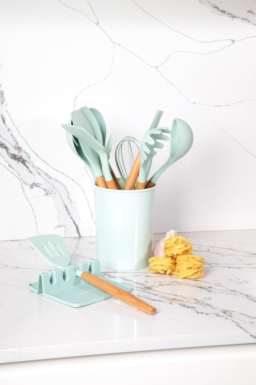 COMBO GREEN★ Utensilios de cocina de silicón con soporte, color Menta 12 pzas. + Pad Soporte de utensilios de cocina color menta