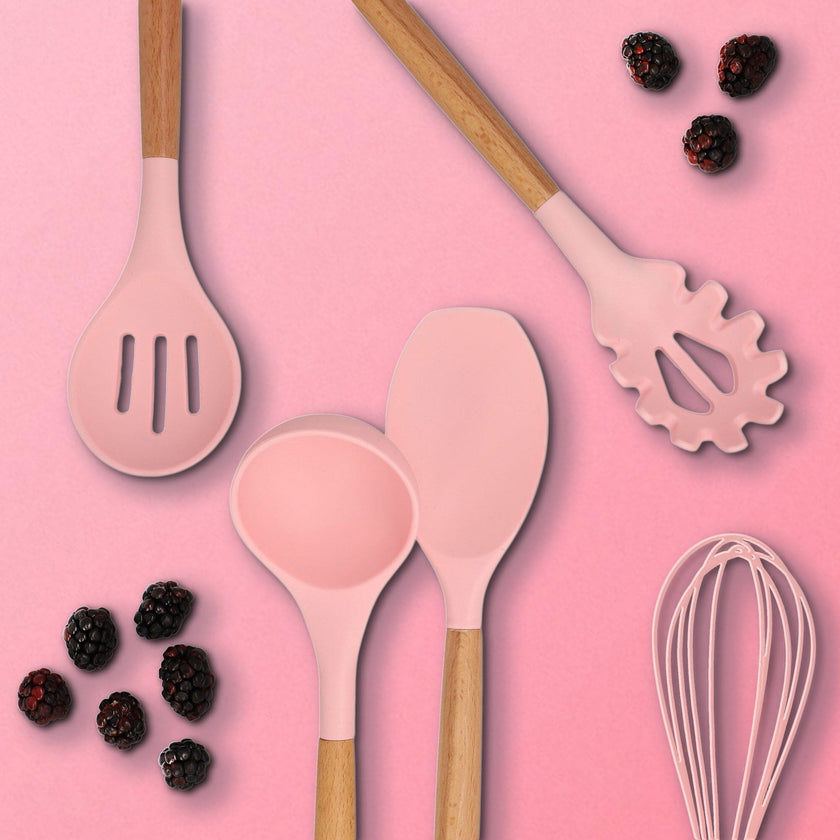 COMBO PINK ★  Batería de cocina Serenity Rosa Mármol 13 pzas. + Utensilios de cocina Rosas de silicón con soporte 12 pzas.