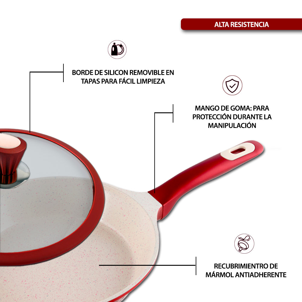 Batería de cocina Luxury Rojo con mármol antiadherente 13 piezas