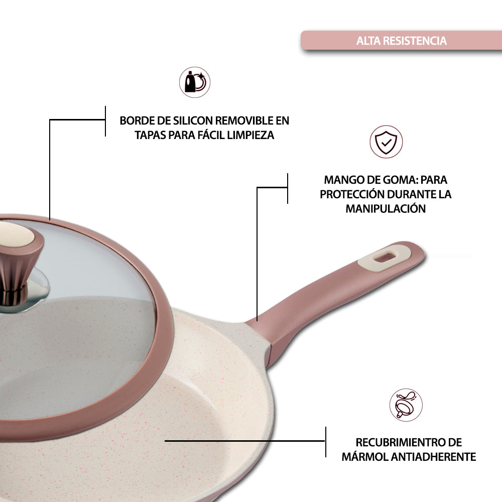 Batería de cocina Luxury Rosa Oro con Recubrimiento de mármol antiadherente 13 piezas