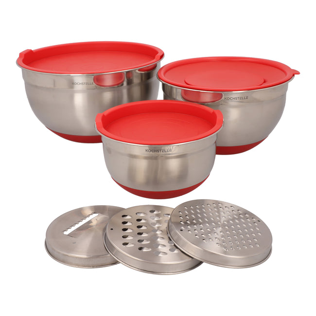 Bowls mezcladores de acero inoxidable con silicón color rojo + 3 ralladores 9 piezas