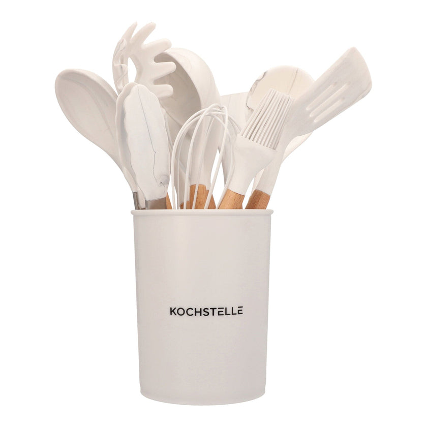 COMBO GREY★ Batería de cocina Wood con mármol antiadherente + juego de 3 palas 10 pzas.  + Utensilios de cocina de silicón con soporte, color Blanco 12 pzas. +  Pad Soporte de utensilios de cocina color Gris