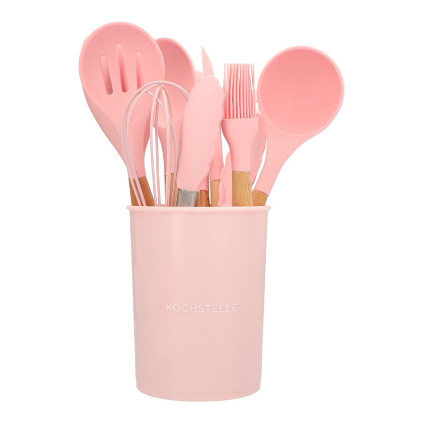 COMBO PINK ★  Batería de cocina Serenity Rosa Mármol 13 pzas. + Utensilios de cocina Rosas de silicón con soporte 12 pzas.