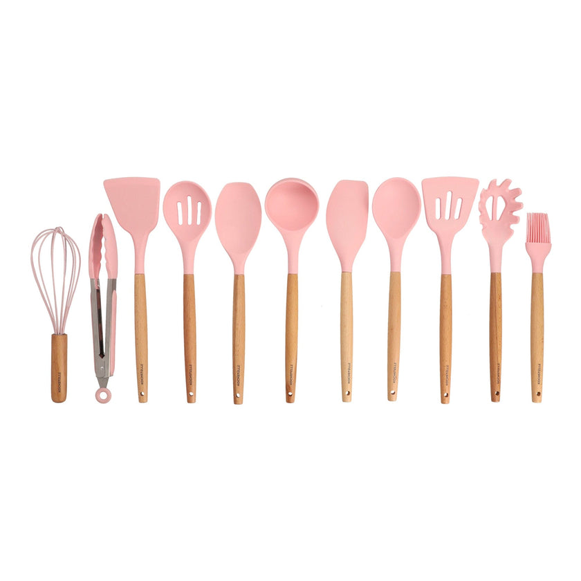 COMBO PINK ★  Batería de cocina Serenity Rosa Mármol 13 pzas. + Utensilios de cocina Rosas de silicón con soporte 12 pzas.