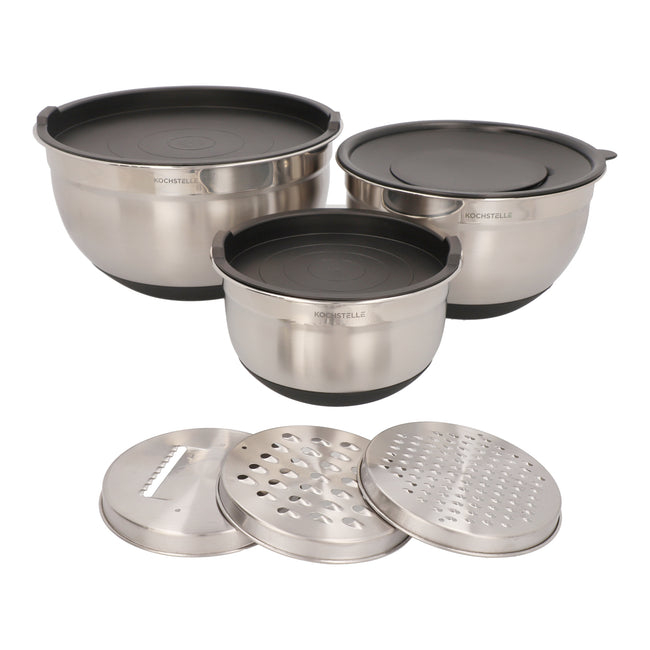 Bowls mezcladores de acero inoxidable con silicón color negro + 3 ralladores 9 pzas.