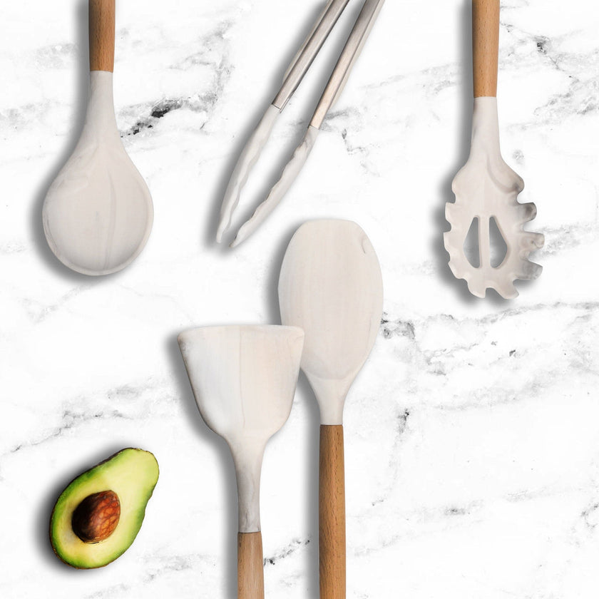 COMBO GREY★ Batería de cocina Wood con mármol antiadherente + juego de 3 palas 10 pzas.  + Utensilios de cocina de silicón con soporte, color Blanco 12 pzas. +  Pad Soporte de utensilios de cocina color Gris